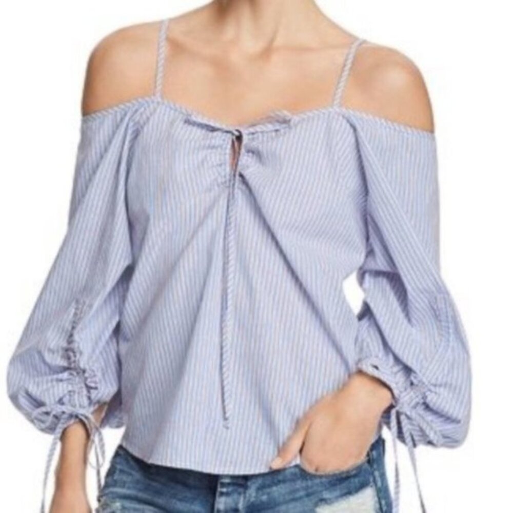 Aqua Striped Cold Shoulder Poplin Blouse Blue M